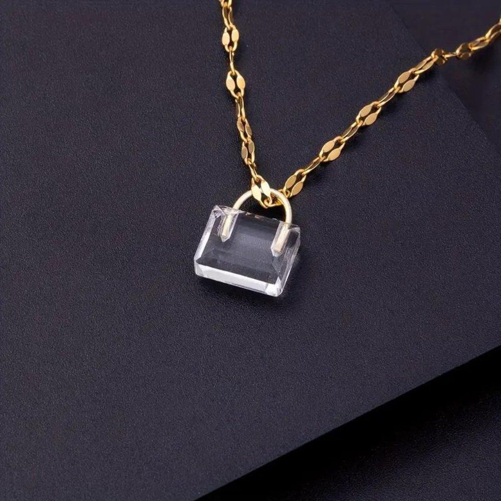 Fashionable Purse Shape Necklace, Stainless Steel Necklace, Glass Charm Necklace